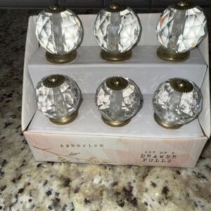 NEW Set of 6 APHORISM Glass KnobsDrawer‎ Pull Knob Gold Trim Hardware.  5593